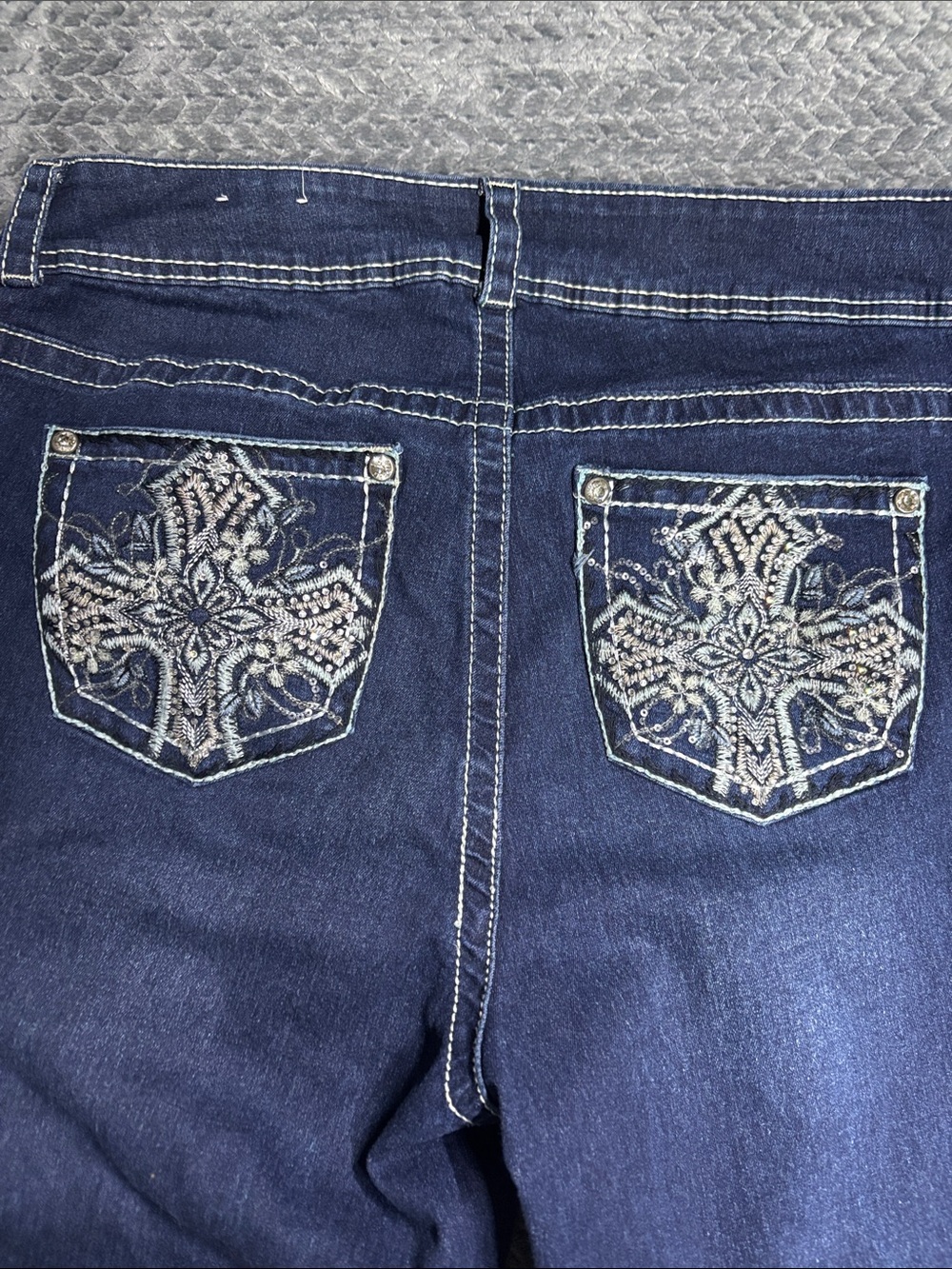 Copper Flash Embroidered Dark Blue Women's Jeans with Rhinestone Pocket Detail